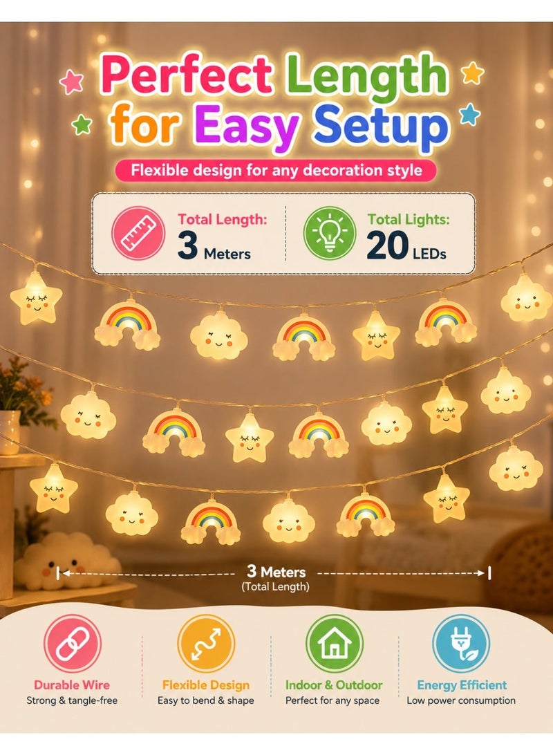 Helo Kuki أضواء خيطية LED سحرية على شكل نجوم وقوس قزح 3م 20 LED – أضواء خرافية دافئة لغرفة الأطفال، غرفة النوم، الحفلات وزينة الهدايا، أضواء معلقة على شكل سحاب ونجوم - Image 1