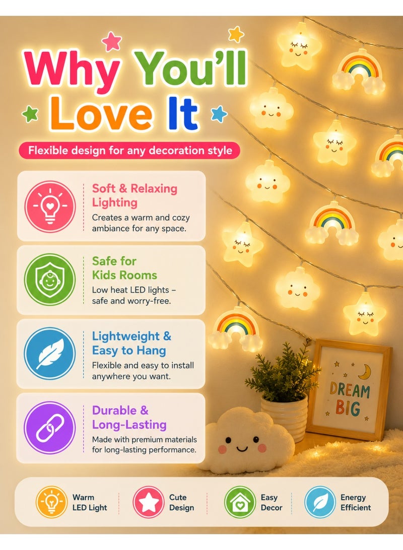 Helo Kuki أضواء خيطية LED سحرية على شكل نجوم وقوس قزح 3م 20 LED – أضواء خرافية دافئة لغرفة الأطفال، غرفة النوم، الحفلات وزينة الهدايا، أضواء معلقة على شكل سحاب ونجوم - Image 5