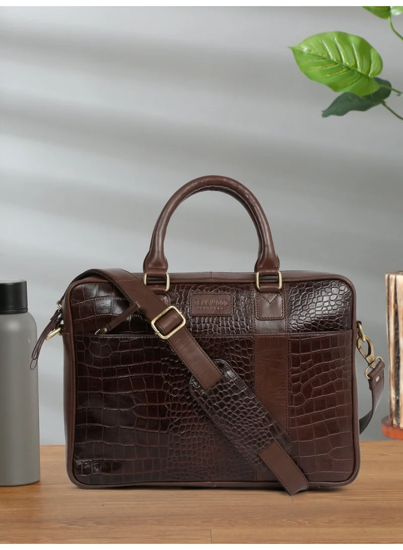 Teakwood Teakwood Leathers Genuine Leather Laptop Bag for Men & Women | Croco Texture Business Briefcase | 13 Inch Laptop Compartment | Front Organizer Pocket with Pen Holders | Rear Zip Pocket | Adjustable Detachable Shoulder Strap | Office & Travel Work Bag | Brown