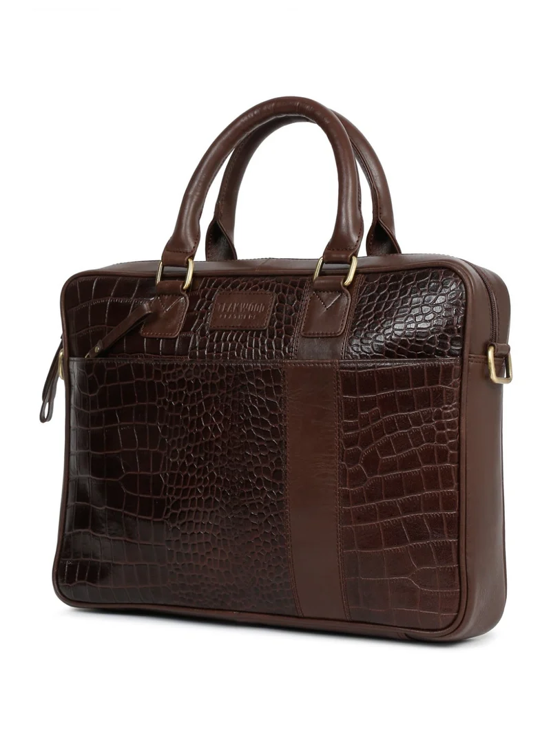 Teakwood  Teakwood Leathers Genuine Leather Laptop Bag for Men & Women | Croco Texture Business Briefcase | 13 Inch Laptop Compartment | Front Organizer Pocket with Pen Holders | Rear Zip Pocket | Adjustable Detachable Shoulder Strap | Office & Travel Work Bag | Brown  | Best Price UAE