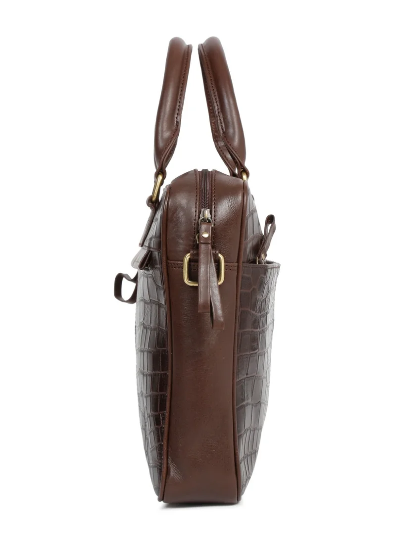 Teakwood  Teakwood Leathers Genuine Leather Laptop Bag for Men & Women | Croco Texture Business Briefcase | 13 Inch Laptop Compartment | Front Organizer Pocket with Pen Holders | Rear Zip Pocket | Adjustable Detachable Shoulder Strap | Office & Travel Work Bag | Brown  | Best Price UAE