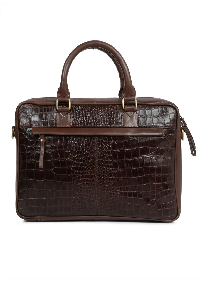 Teakwood  Teakwood Leathers Genuine Leather Laptop Bag for Men & Women | Croco Texture Business Briefcase | 13 Inch Laptop Compartment | Front Organizer Pocket with Pen Holders | Rear Zip Pocket | Adjustable Detachable Shoulder Strap | Office & Travel Work Bag | Brown  | Best Price UAE