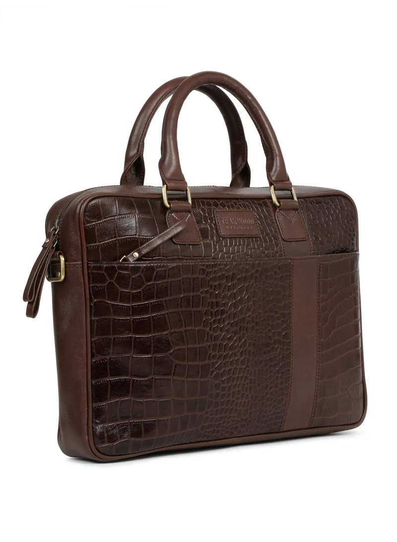 Teakwood  Teakwood Leathers Genuine Leather Laptop Bag for Men & Women | Croco Texture Business Briefcase | 13 Inch Laptop Compartment | Front Organizer Pocket with Pen Holders | Rear Zip Pocket | Adjustable Detachable Shoulder Strap | Office & Travel Work Bag | Brown  | Best Price UAE