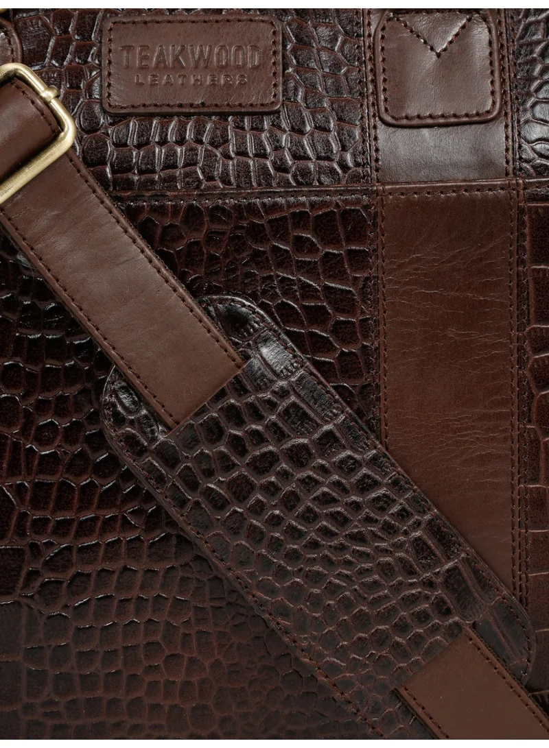 Teakwood  Teakwood Leathers Genuine Leather Laptop Bag for Men & Women | Croco Texture Business Briefcase | 13 Inch Laptop Compartment | Front Organizer Pocket with Pen Holders | Rear Zip Pocket | Adjustable Detachable Shoulder Strap | Office & Travel Work Bag | Brown  | Best Price UAE