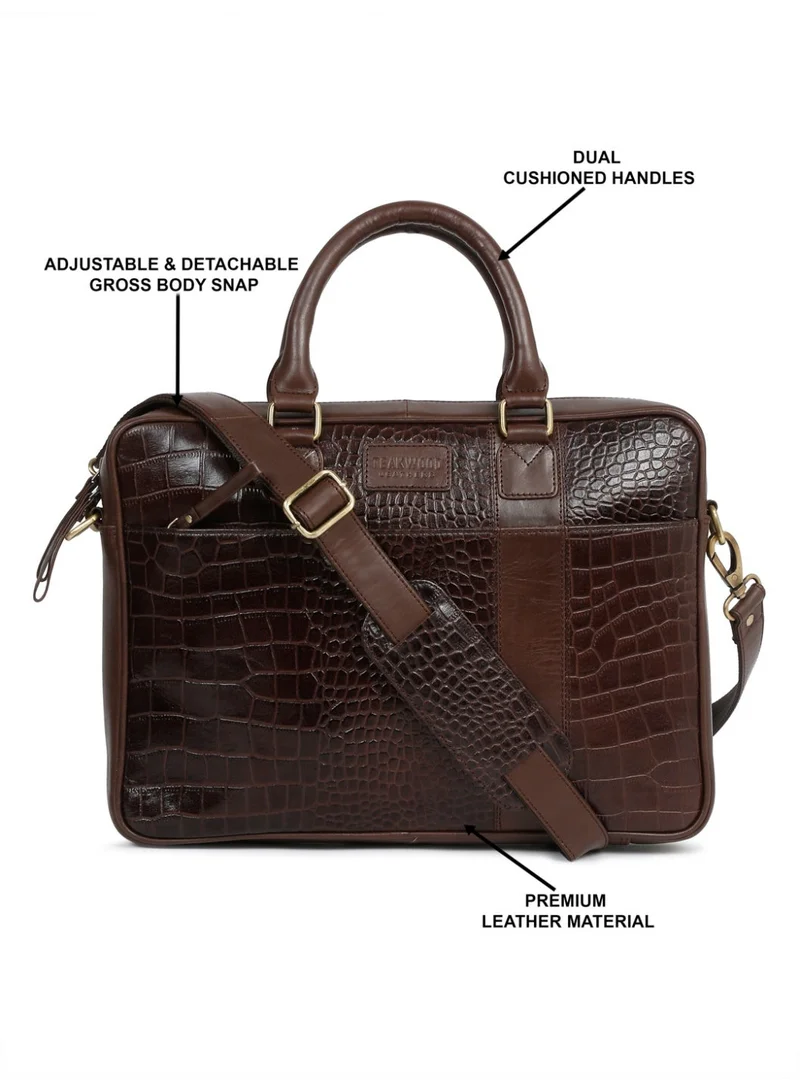 Teakwood Teakwood Leathers Genuine Leather Laptop Bag for Men & Women | Croco Texture Business Briefcase | 13 Inch Laptop Compartment | Front Organizer Pocket with Pen Holders | Rear Zip Pocket | Adjustable Detachable Shoulder Strap | Office & Travel Work Bag | Brown