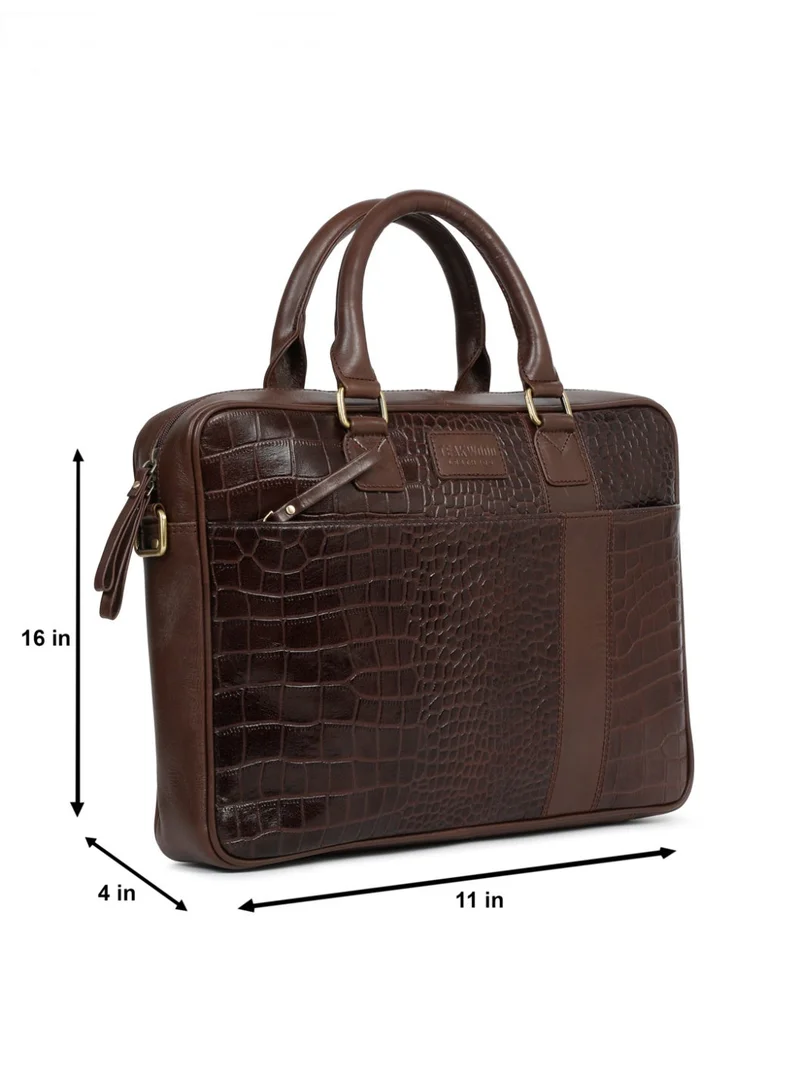 Teakwood  Teakwood Leathers Genuine Leather Laptop Bag for Men & Women | Croco Texture Business Briefcase | 13 Inch Laptop Compartment | Front Organizer Pocket with Pen Holders | Rear Zip Pocket | Adjustable Detachable Shoulder Strap | Office & Travel Work Bag | Brown  | Best Price UAE