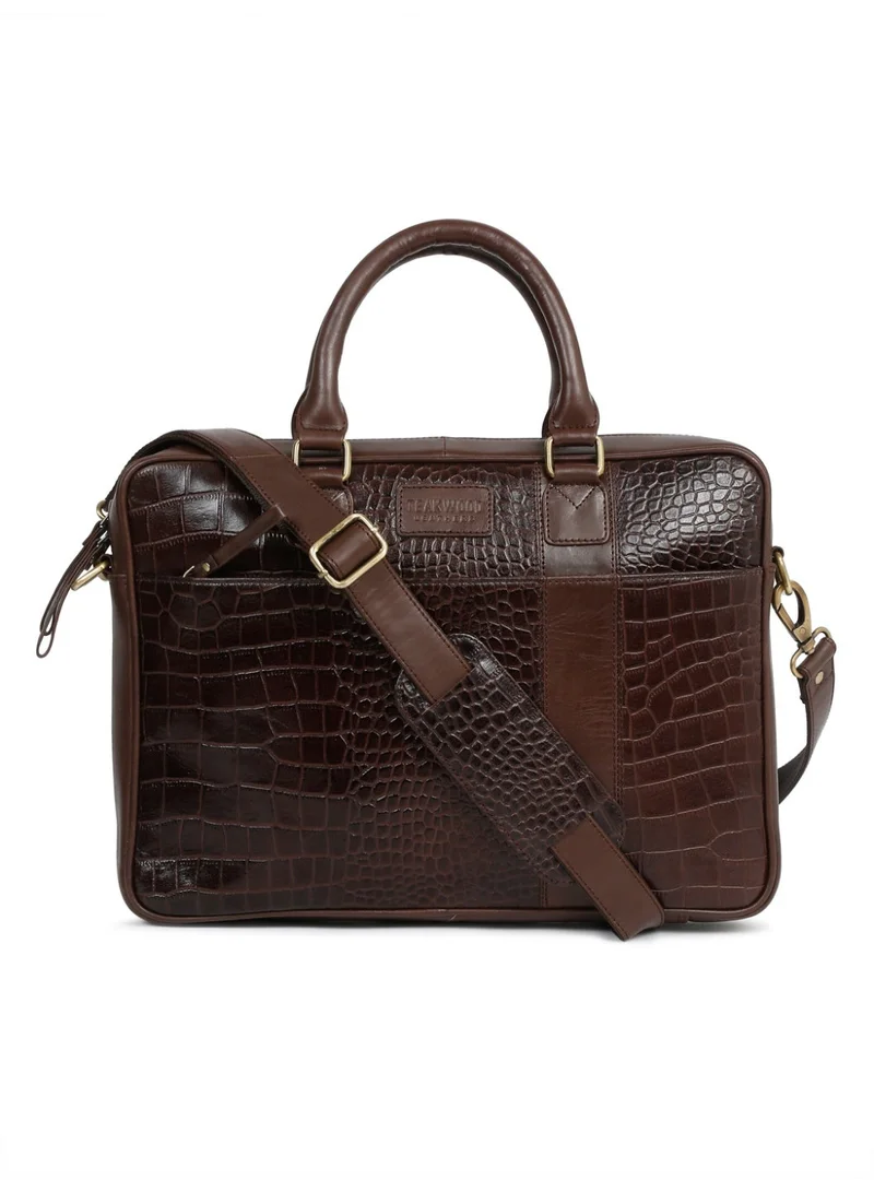 Teakwood  Teakwood Leathers Genuine Leather Laptop Bag for Men & Women | Croco Texture Business Briefcase | 13 Inch Laptop Compartment | Front Organizer Pocket with Pen Holders | Rear Zip Pocket | Adjustable Detachable Shoulder Strap | Office & Travel Work Bag | Brown  | Best Price UAE