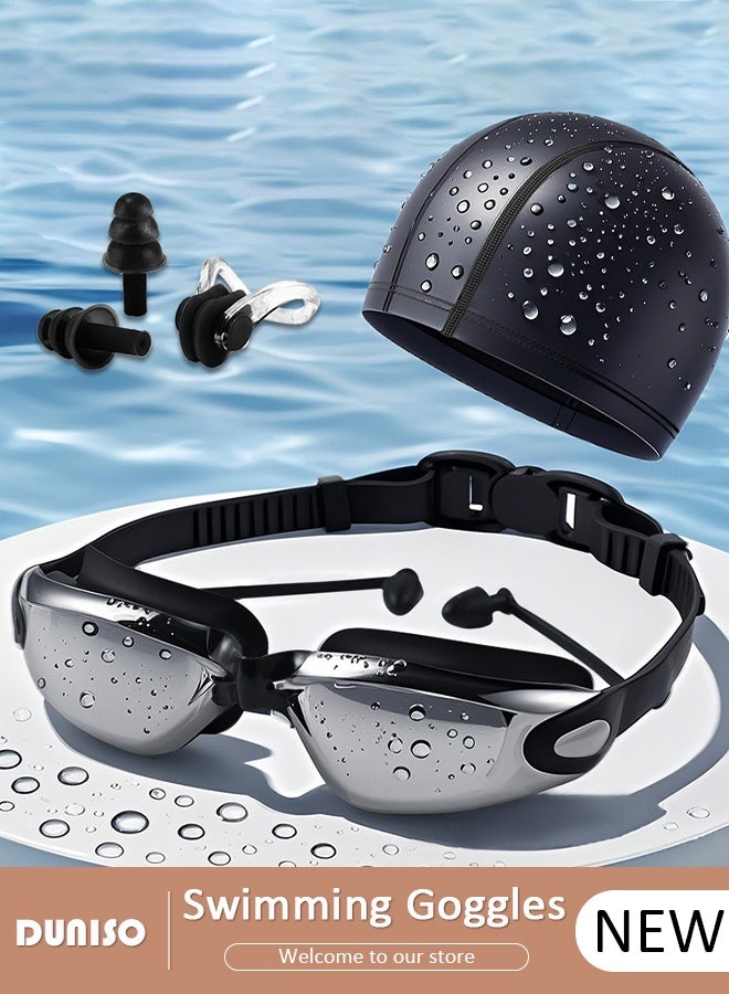 DUNISO Swim Goggles and Cap Set 4 in 1, HD waterproof swimming goggles, Anti-Fog No Leak Proof Waterproof Swim Goggles with Soft Silicone, The swimming goggles come with earplugs for Adult Men Women  - Image 1