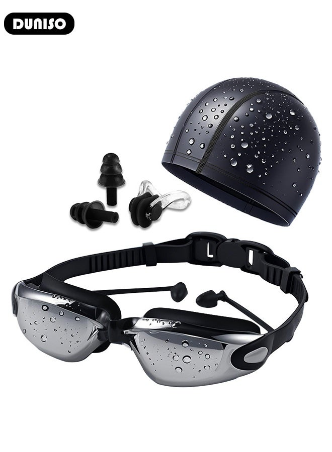 DUNISO Swim Goggles and Cap Set 4 in 1, HD waterproof swimming goggles, Anti-Fog No Leak Proof Waterproof Swim Goggles with Soft Silicone, The swimming goggles come with earplugs for Adult Men Women  - Image 2