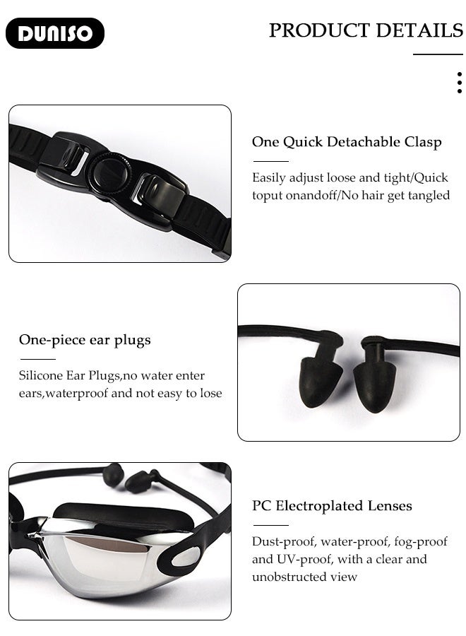 DUNISO Swim Goggles and Cap Set 4 in 1, HD waterproof swimming goggles, Anti-Fog No Leak Proof Waterproof Swim Goggles with Soft Silicone, The swimming goggles come with earplugs for Adult Men Women  - Image 3