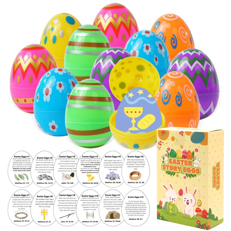 KATINAT 12 Pcs Resurrection Easter Story Eggs with Matching Religious Easter Story Cards,Christian Easter Gifts for Kids, Easter Basket Stuffer for Kids - Image 1