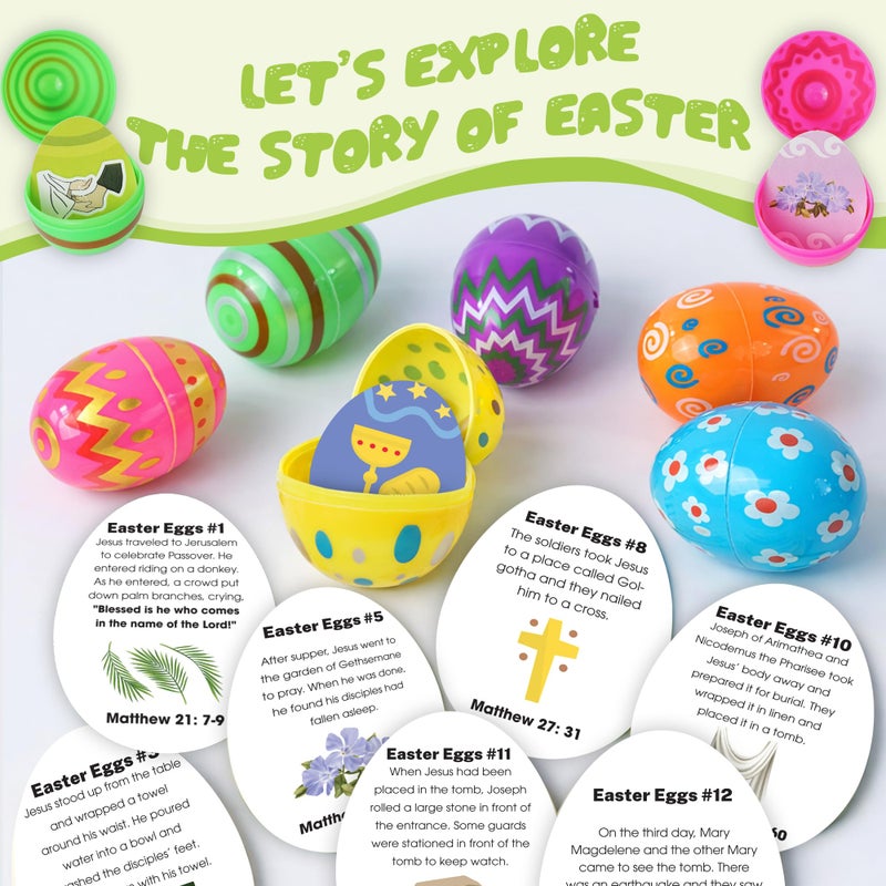 KATINAT 12 Pcs Resurrection Easter Story Eggs with Matching Religious Easter Story Cards,Christian Easter Gifts for Kids, Easter Basket Stuffer for Kids - Image 5
