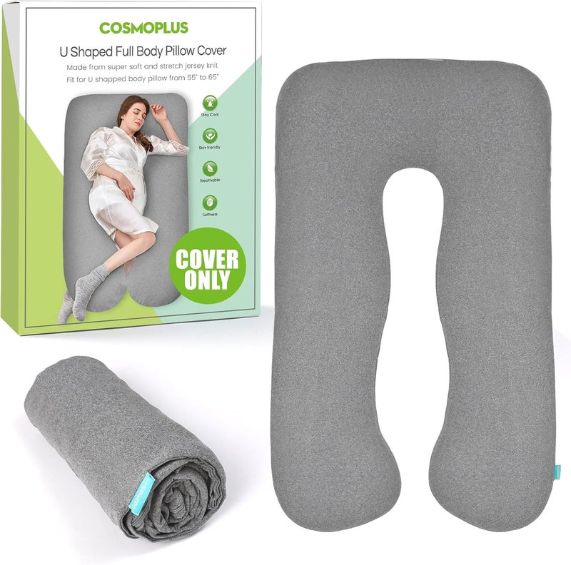 كوزمو بلس غطاء وسادة الحمل COSMOPLUS على شكل حرف U، غطاء وسادة كامل الجسم للحمل، قماش جيرسي قابل للتنفس وبارد ومطاط، يوفر النوم والدعم أثناء الحمل، رمادي فاتح - Image 1