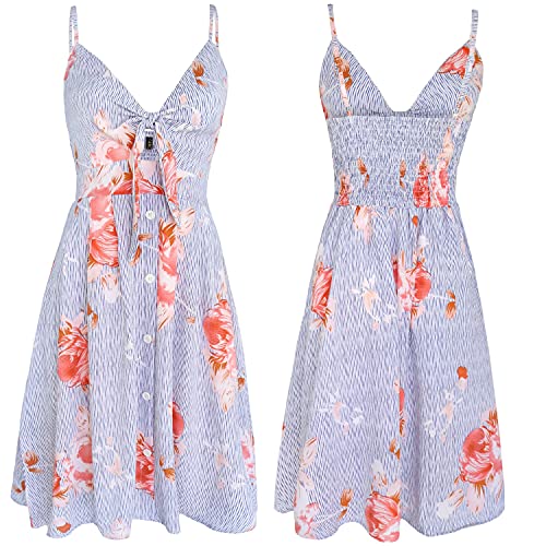 FANCYINN Women's Tie Front Summer Midi Dress V Neck Floral Print Button Down Spaghetti Strap Dress Striped Red Flower M - Image 4
