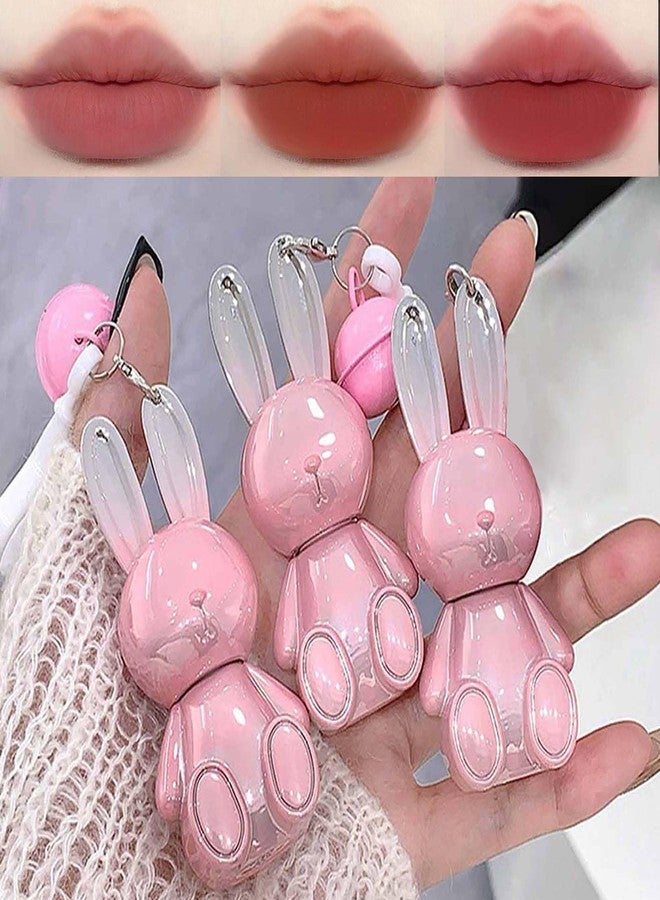 KTouler 3 Colors Red Pink Brown Cute Bunny Lip Gloss Set,2 IN 1 Liquid Velvet Matte Keychain Lipstick Long Lasting Waterproof Lipstick for Women Girls - Image 1