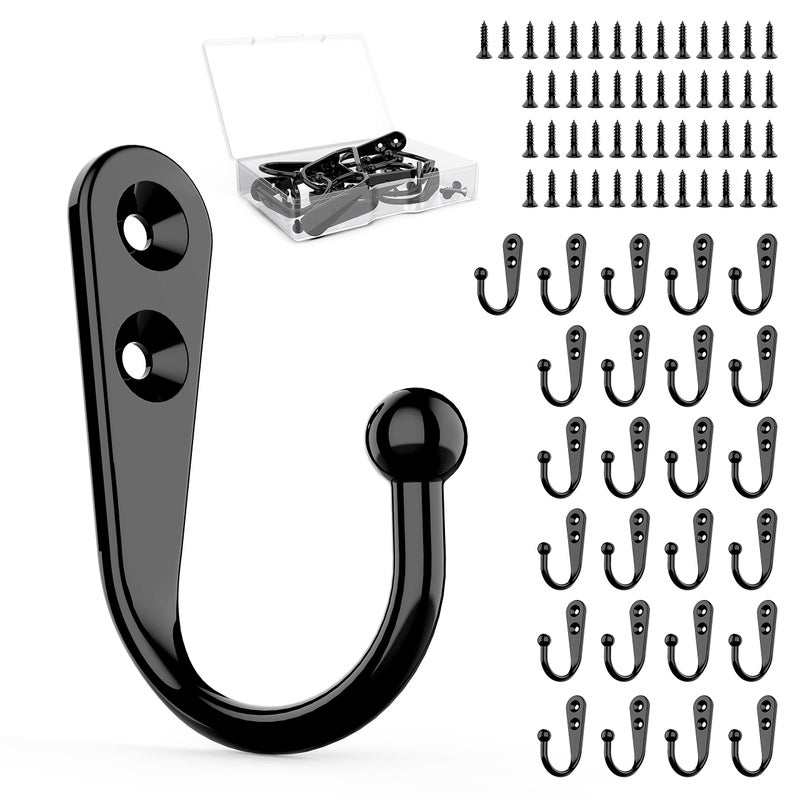 ZAYBOD 25 Pcs Black Wall Mounted Coat Hooks Hanger Hook with 50 Pieces Screws for Hanging Hat Towel Key Robe Coats Scarf Bag Cap Coffee Cup Mugs