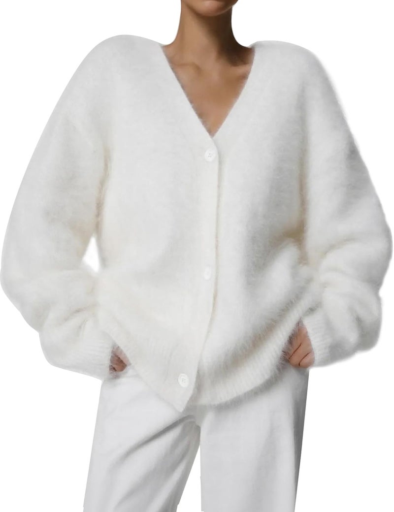 Flygo Womens Fuzzy Mohair Cardigan Sweaters V Neck Button Down Long Sleeve Fluffy Knit Open Front Slouchy Furry Sweater(White-XL) - Image 1