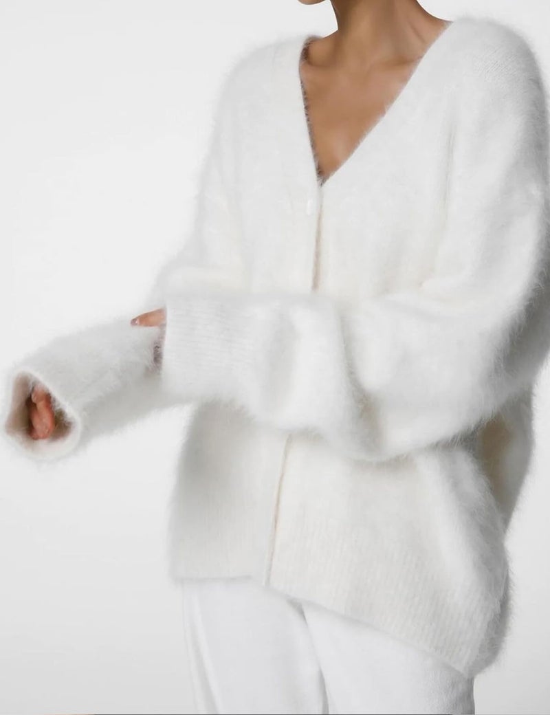 Flygo Womens Fuzzy Mohair Cardigan Sweaters V Neck Button Down Long Sleeve Fluffy Knit Open Front Slouchy Furry Sweater(White-XL) - Image 3