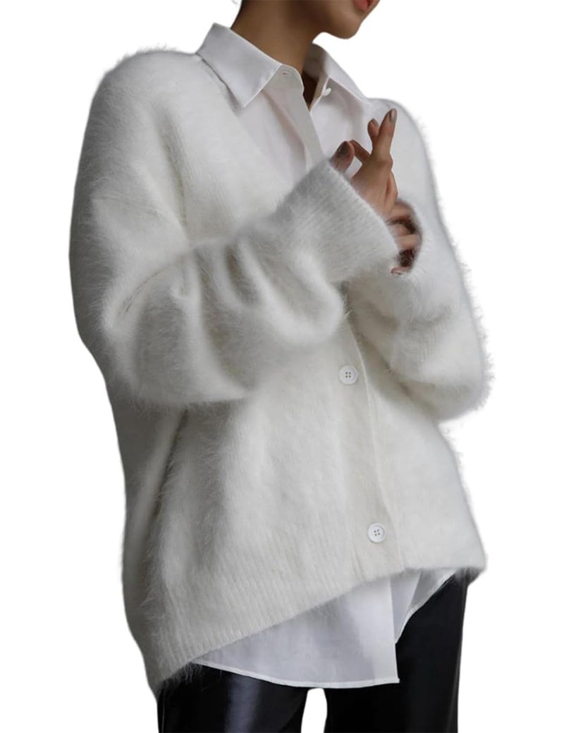 Flygo Womens Fuzzy Mohair Cardigan Sweaters V Neck Button Down Long Sleeve Fluffy Knit Open Front Slouchy Furry Sweater(White-XL) - Image 2