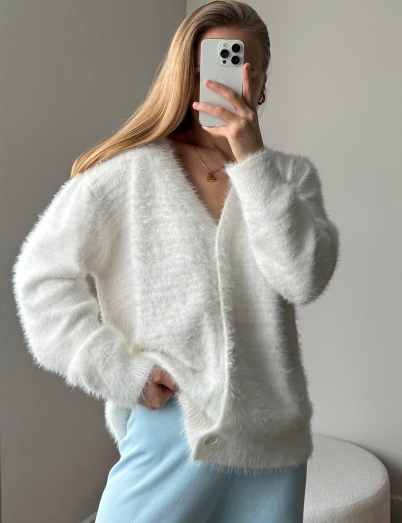 Flygo Womens Fuzzy Mohair Cardigan Sweaters V Neck Button Down Long Sleeve Fluffy Knit Open Front Slouchy Furry Sweater(White-XL) - Image 4