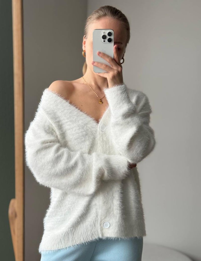 Flygo Womens Fuzzy Mohair Cardigan Sweaters V Neck Button Down Long Sleeve Fluffy Knit Open Front Slouchy Furry Sweater(White-XL) - Image 5
