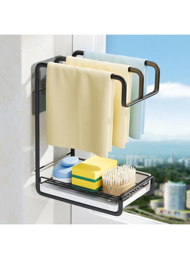 Kitchen Utensil Hanging Accessory Wall Sponge Organizer Storage Towel Rack Black - Image 1