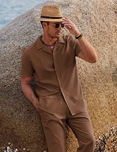 COOFANDY Men Linen Pant and Shirt Set Linen Short Sleeve Shirt Beach Walking Pants - Image 3