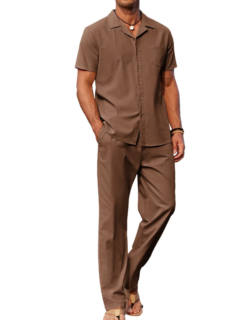 COOFANDY Men Linen Pant and Shirt Set Linen Short Sleeve Shirt Beach Walking Pants - Image 2