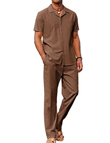 COOFANDY Men Linen Pant and Shirt Set Linen Short Sleeve Shirt Beach Walking Pants - Image 1