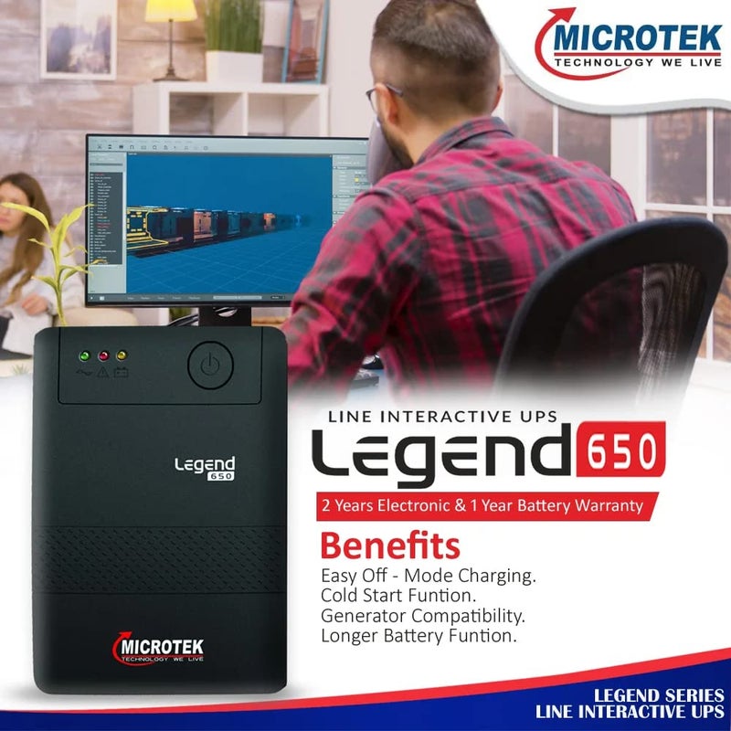 Microtek ليجند 650 نظام UPS تفاعلي خطي 650VA/360W، نظام UPS قائم على المعالج الدقيق، مثالي كنسخة احتياطية للطاقة وحماية لجهاز الكمبيوتر المكتبي ومكتب المنزل مع ضمان 2 سنوات على الإلكترونيات وسنة واحدة على البطارية - Image 3