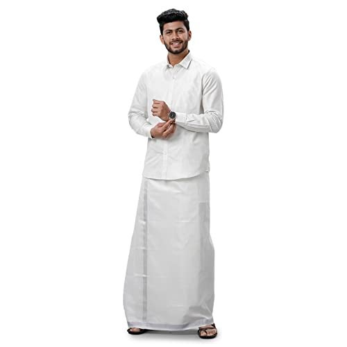 RAMRAJ COTTON طقم قميص ودهوتي فضي من رامراج للرجال|مثالي للمناسبات الاحتفالية والزفاف - Image 1