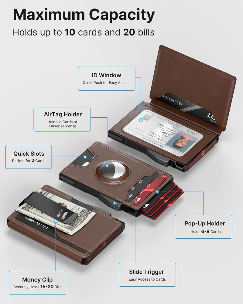 typecase AirTag Wallet for Men: Pop Up Card Case, Secure Holder for Apple Air Tag, Premium Leather, Smart, RFID Blocking, Slim, Minimalist, Thin, 13 Cards Capacitiy | ID Window | Money Clip (Brown) - Image 2