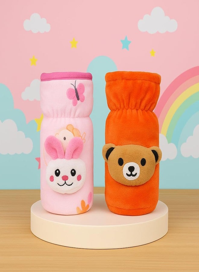 Alya The Cheeky Kidzz Baby Pack of 2 Feeding Bottles Cover with Holding Strap Suitable for 150ml 220ml 240ml 250ml Glass Steel Slim Neck Feeders (Pink,Orange) (Design 514) - Image 1