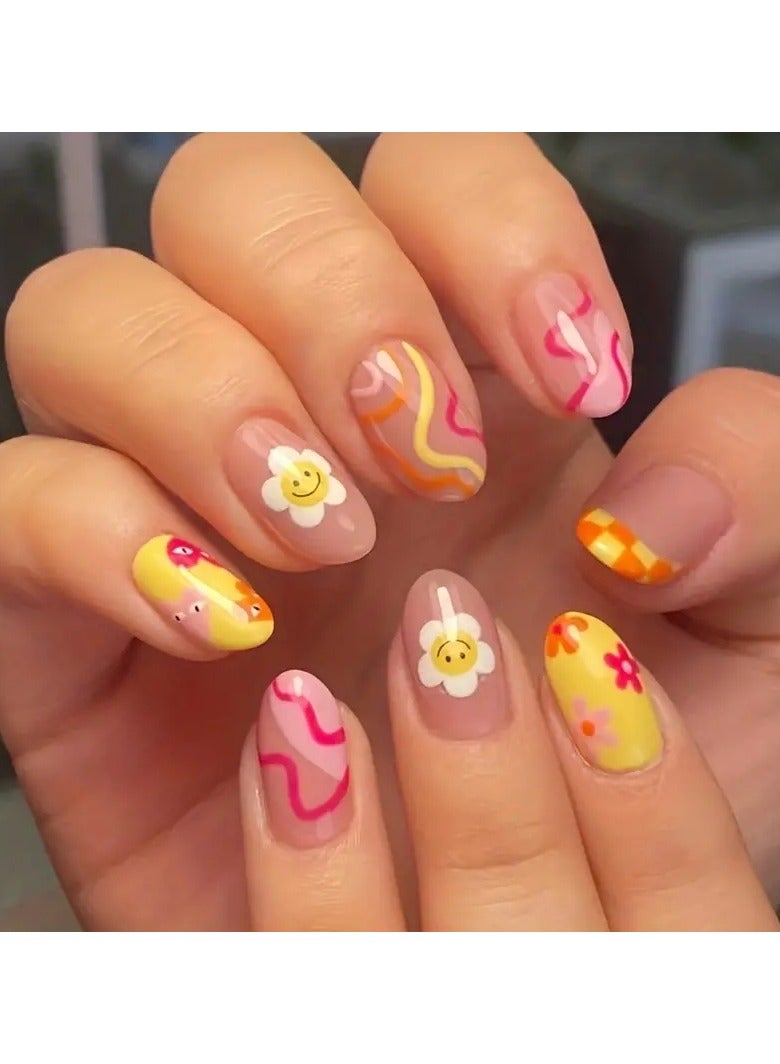 ORiTi أظافر صناعية ملونة على شكل دوار الشمس Y2k، أظافر قصيرة متموجة، أظافر مزيفة للنساء - Image 1