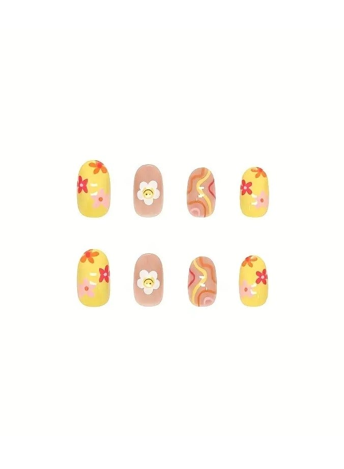 ORiTi أظافر صناعية ملونة على شكل دوار الشمس Y2k، أظافر قصيرة متموجة، أظافر مزيفة للنساء - Image 2