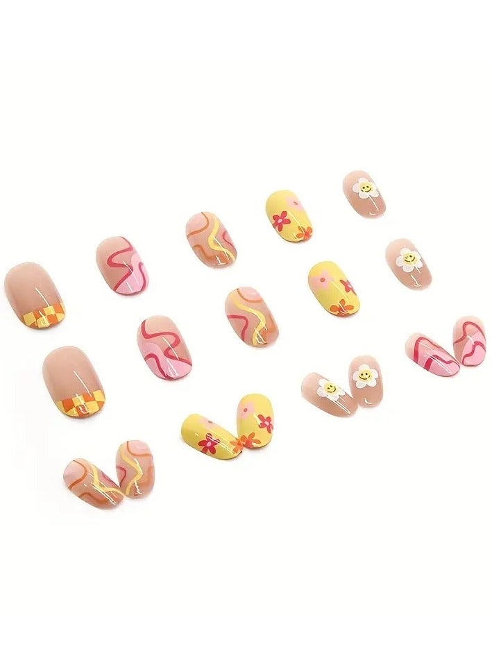 ORiTi أظافر صناعية ملونة على شكل دوار الشمس Y2k، أظافر قصيرة متموجة، أظافر مزيفة للنساء - Image 3