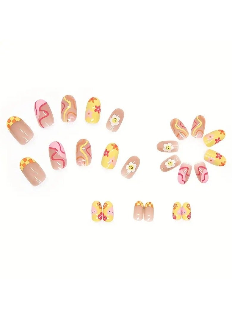 ORiTi أظافر صناعية ملونة على شكل دوار الشمس Y2k، أظافر قصيرة متموجة، أظافر مزيفة للنساء - Image 5