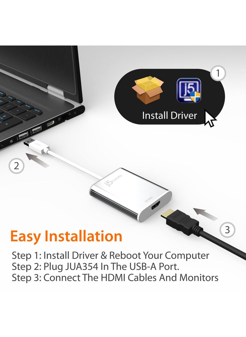 j5create j5create USB 3.0 to 4K HDMI Display Adapter USB 3.0 Male Type-A Connector | HDMI Female Connector | 4K UHD | Resolution Up to 3840 x 2160 @ 30 Hz | Aluminum Housing (JUA354)  - Image 4