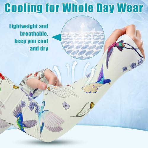 Bebila Gardening Sleeves for Women Farm UV Sun Protection Anti-Scratch Cooling Sleeves with Thumb Hole Arms Cover Outdoors (Light Green Bird) - Image 2