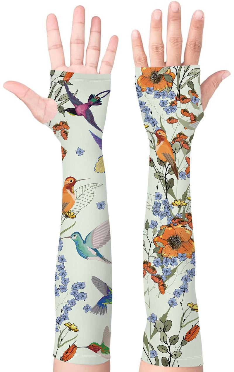 Bebila Gardening Sleeves for Women Farm UV Sun Protection Anti-Scratch Cooling Sleeves with Thumb Hole Arms Cover Outdoors (Light Green Bird) - Image 1