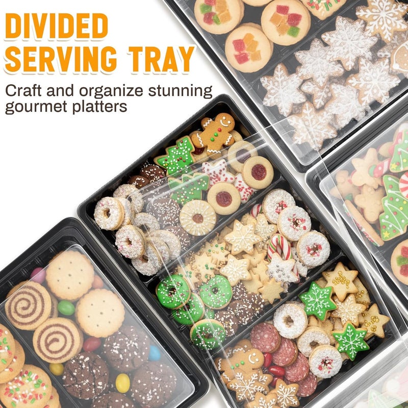 Shellwei 5 Pack Christmas Charcuterie Board with Lid 3 Section Divided Cookie Trays Large 15 x 10 Inch Disposable Travel Catering Serving Trays Platter for Christmas (Black) - Image 5