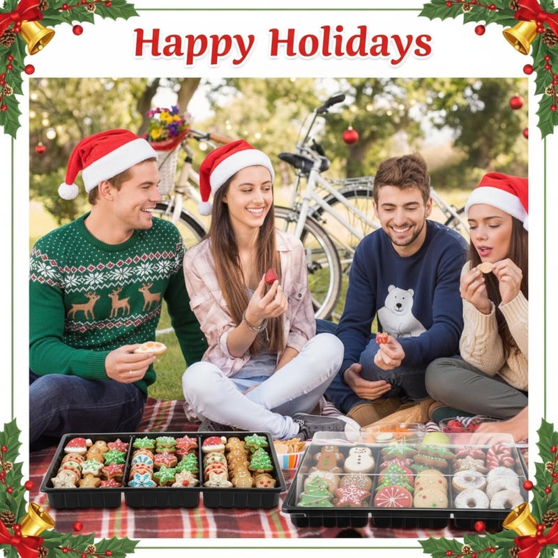 Shellwei 5 Pack Christmas Charcuterie Board with Lid 3 Section Divided Cookie Trays Large 15 x 10 Inch Disposable Travel Catering Serving Trays Platter for Christmas (Black) - Image 4