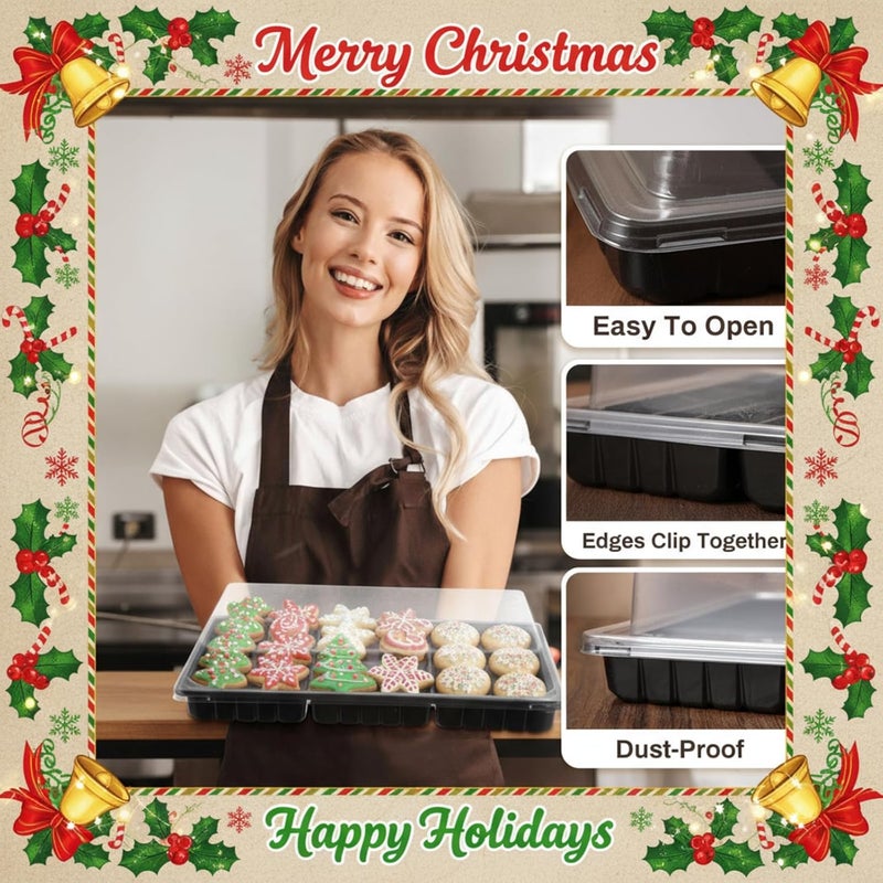 Shellwei 5 Pack Christmas Charcuterie Board with Lid 3 Section Divided Cookie Trays Large 15 x 10 Inch Disposable Travel Catering Serving Trays Platter for Christmas (Black) - Image 3