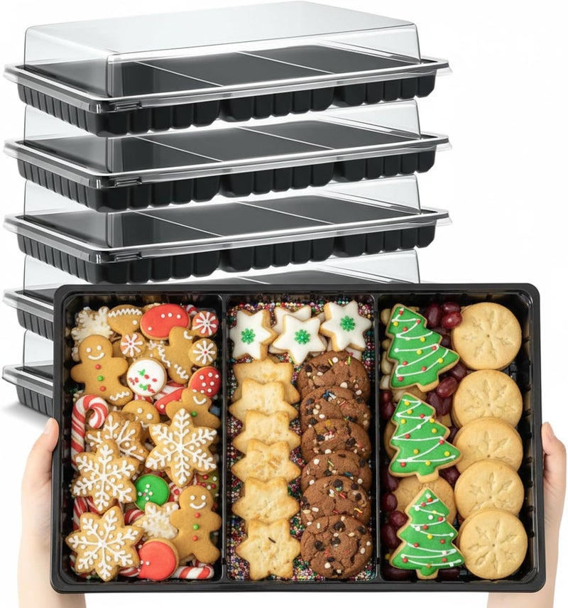 Shellwei 5 Pack Christmas Charcuterie Board with Lid 3 Section Divided Cookie Trays Large 15 x 10 Inch Disposable Travel Catering Serving Trays Platter for Christmas (Black) - Image 1