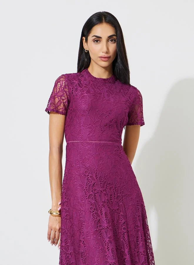 ستايلي Purple Solid Short Sleeves Lace A-Line Midi Dress