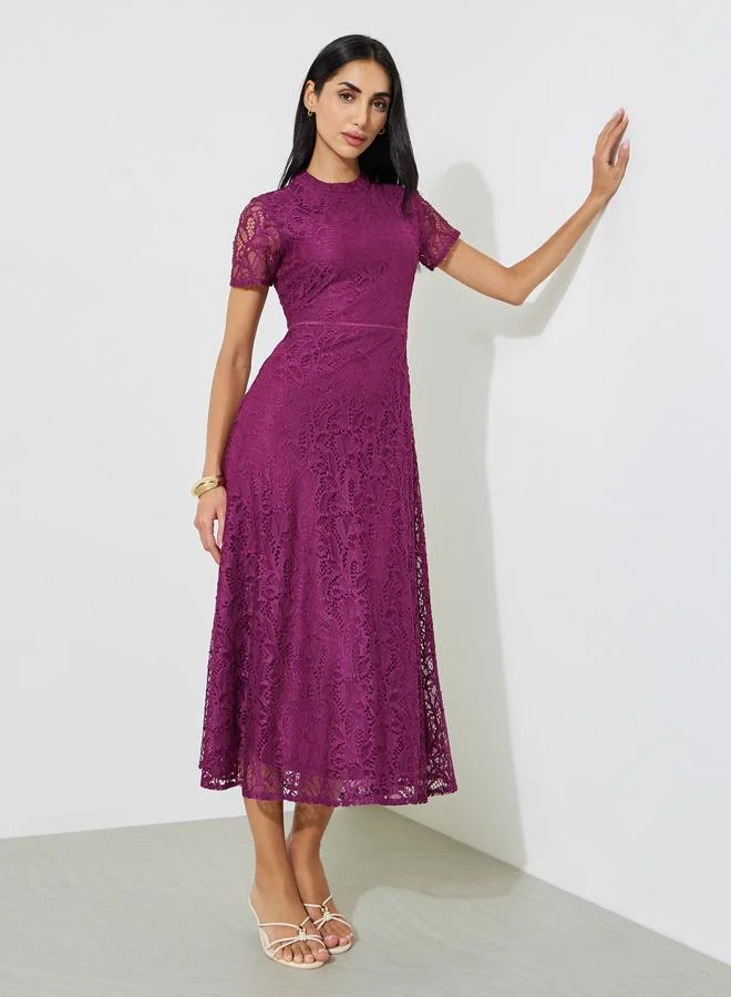 ستايلي Purple Solid Short Sleeves Lace A-Line Midi Dress