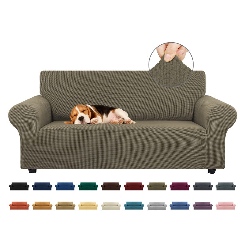 KEKUOU Stretch Loveseat Sofa Cover Slipcover Couch Covers for 2 Cushion Couch Sofa (55""-79"") Furniture Protector Sofa with Elastic Bottom for Kids Dog. Jacquard Small Checked (Medium Khaki) - Image 1