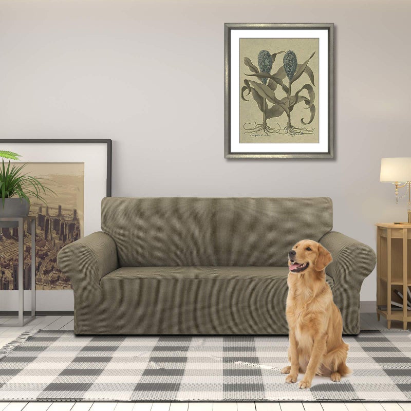 KEKUOU Stretch Loveseat Sofa Cover Slipcover Couch Covers for 2 Cushion Couch Sofa (55""-79"") Furniture Protector Sofa with Elastic Bottom for Kids Dog. Jacquard Small Checked (Medium Khaki) - Image 2