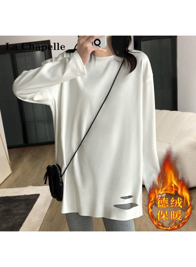 La Chapelle Women's Long Fleece Lined Mid-length Base Shirt Autumn Winter Loose Fit Long Sleeve T-shirt White Distressed M - Image 1