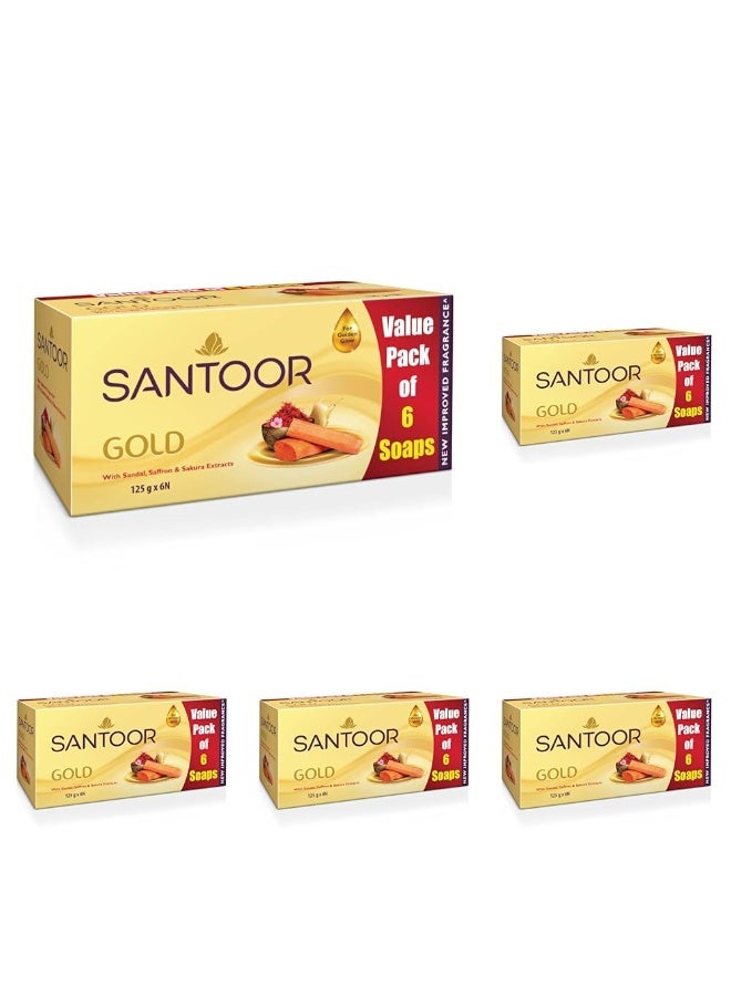 سانتور صابون الاستحمام "سانتور جولد" (Santoor Gold) بخلاصة الزعفران الكشميري وخشب الصندل وزهرة الساكورا؛ لبشرة ناعمة وأكثر شباباً | تركيبة لطيفة وغنية الرغوة ذات رائحة منعشة | مناسب لجميع أنواع البشرة | 125 جم، عبوة تحتوي على 30 قطعة. - Image 1